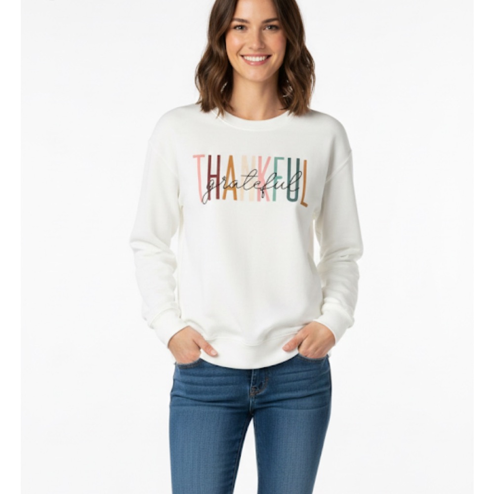 Thankful and Grateful Graphic Sweatshirt, Women’s M, White Multicolor